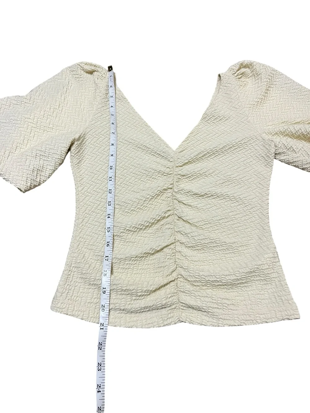Free People Cream Textured V-Neck Puff Sleeve Top